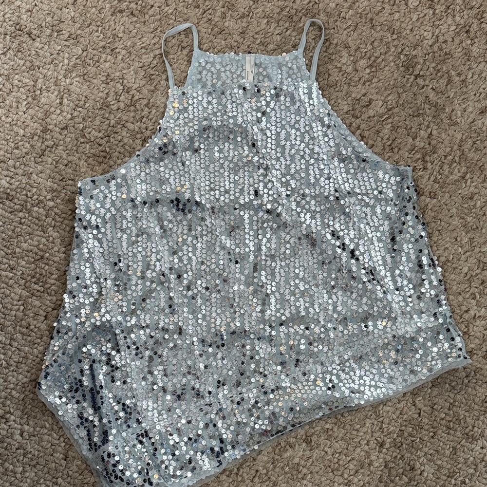 Anthropologie Icy Blue with Silver Sequin Asymmetrical Top